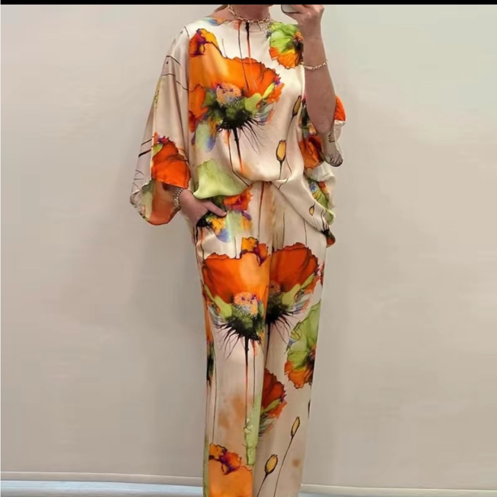 Elegant White and Brown Floral pants set